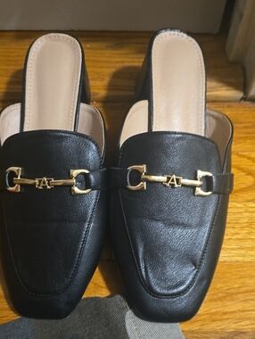 Black Leather Slip-On Mules with Gold Hardware